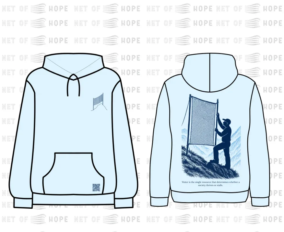 Light blue Net of Hope hoodie, front view